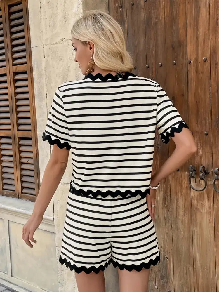 Tied Front Striped Top and Shorts Set