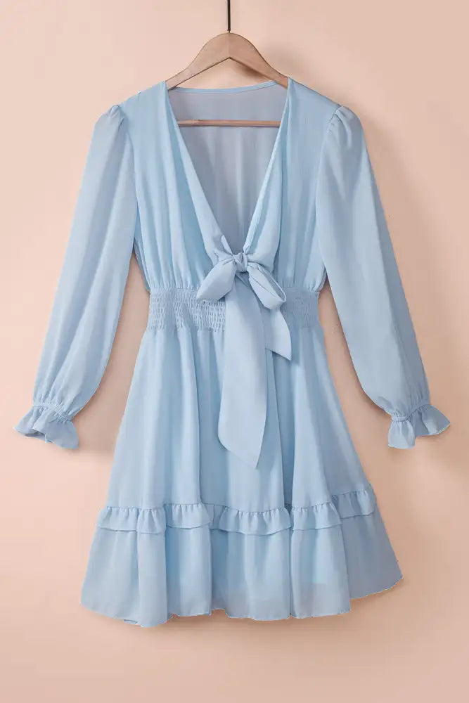 Tied Plunge Smocked Waist Flounce Sleeve Dress