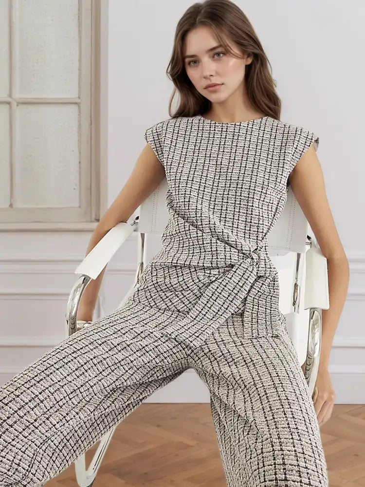 Tied Round Neck Top and Pants Set