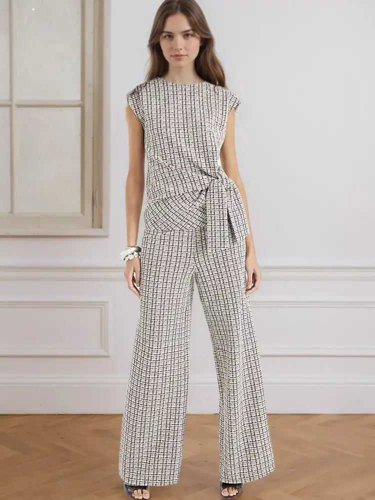 Tied Round Neck Top and Pants Set