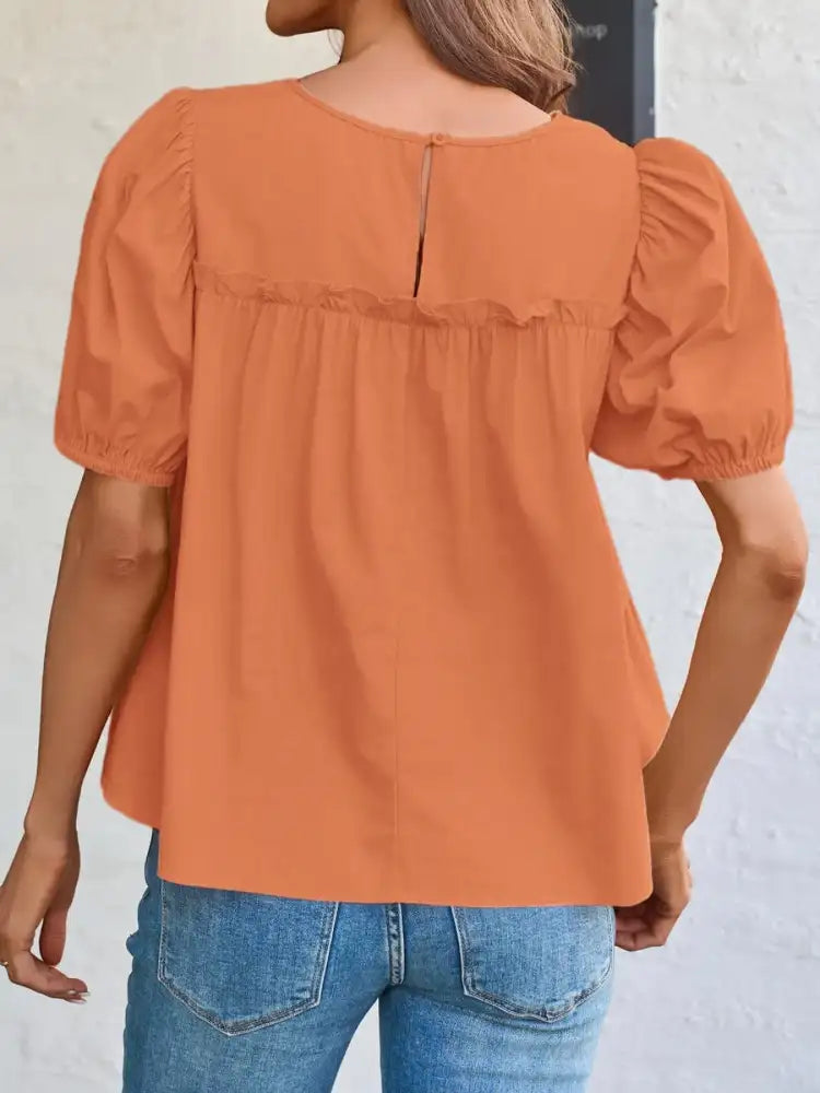Tiered Round Neck Puff Sleeve Ruched Blouse