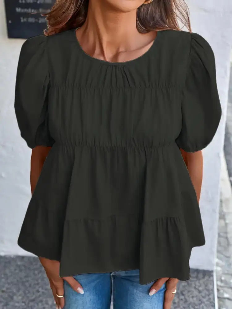 Tiered Round Neck Puff Sleeve Ruched Blouse