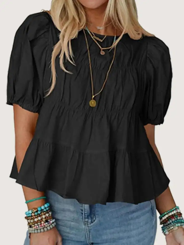 Tiered Round Neck Puff Sleeve Ruched Blouse