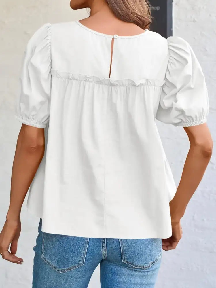 Tiered Round Neck Puff Sleeve Ruched Blouse
