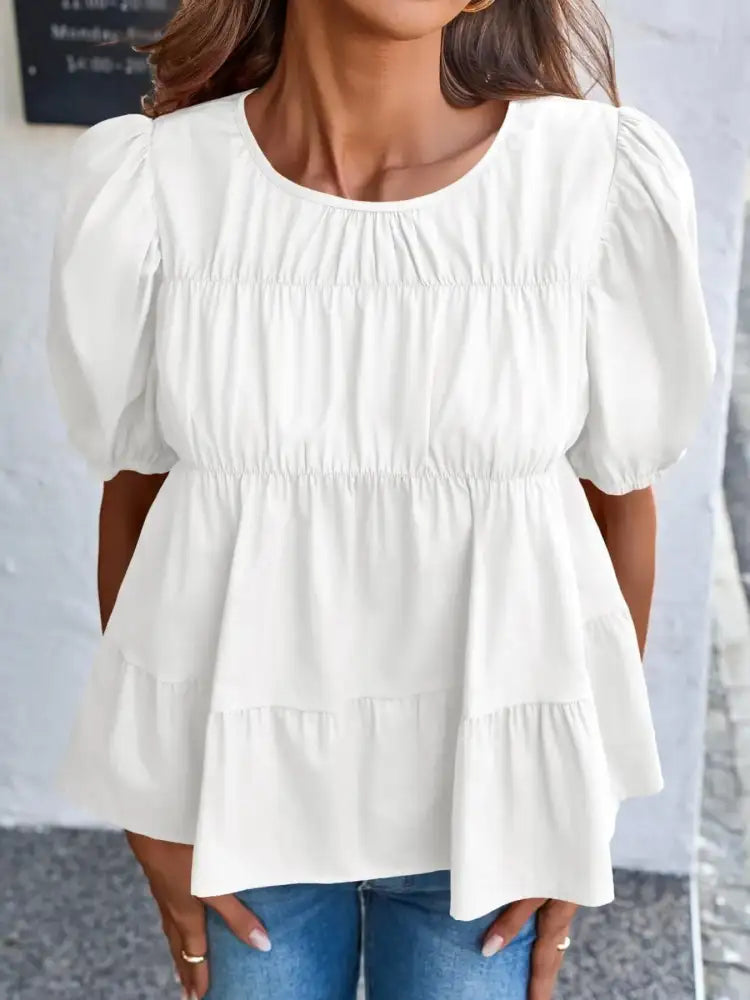 Tiered Round Neck Puff Sleeve Ruched Blouse