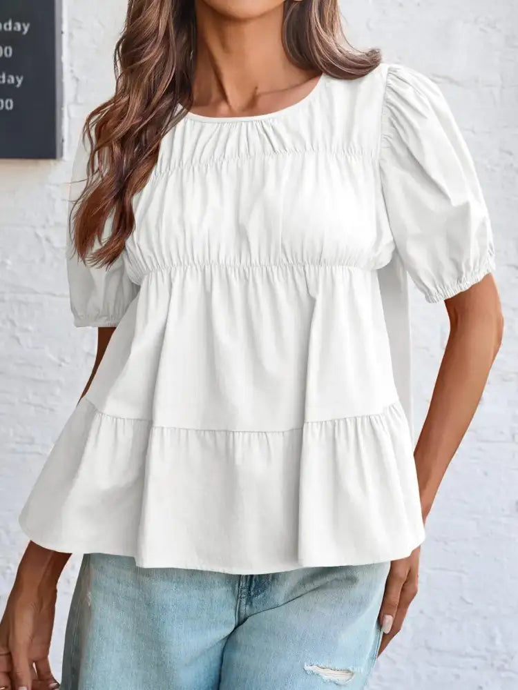 Tiered Round Neck Puff Sleeve Ruched Blouse