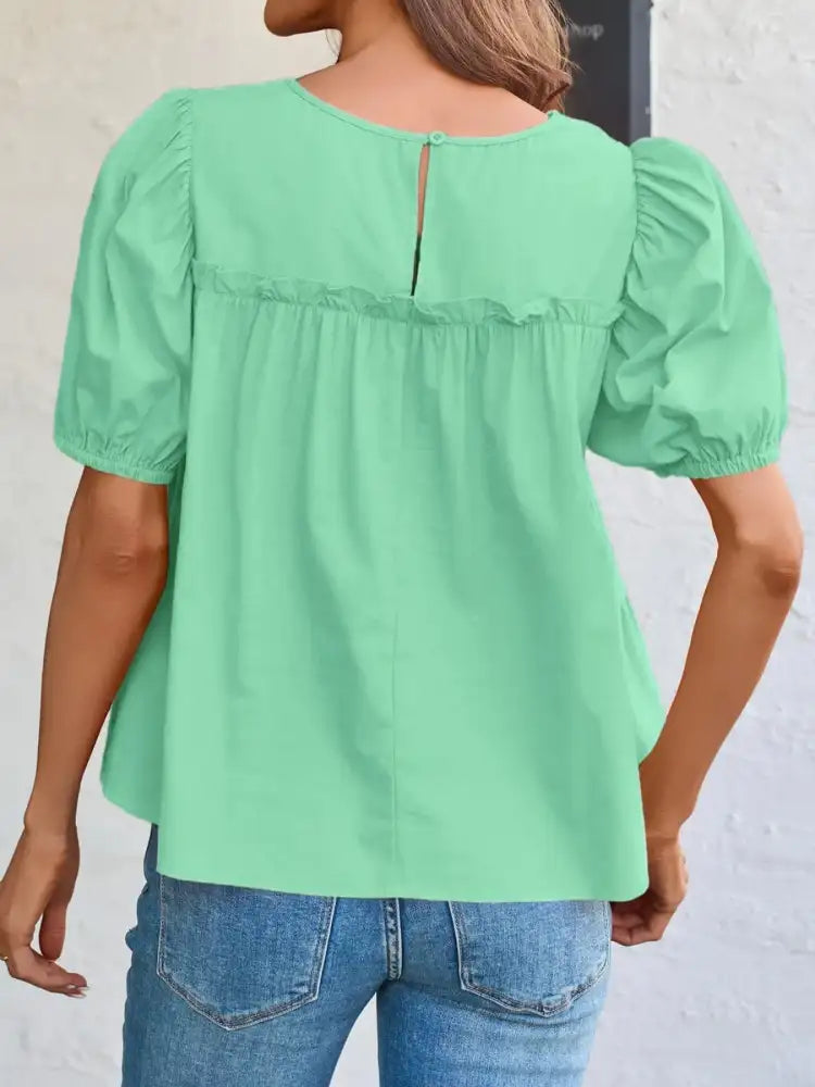Tiered Round Neck Puff Sleeve Ruched Blouse
