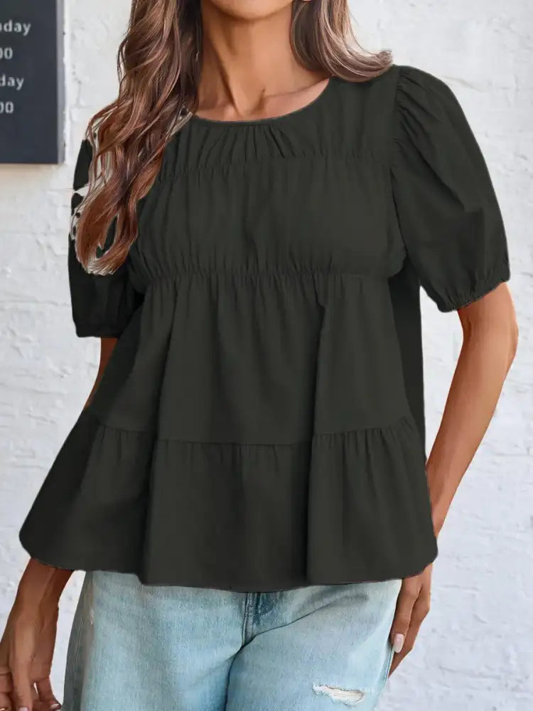 Tiered Round Neck Puff Sleeve Ruched Blouse