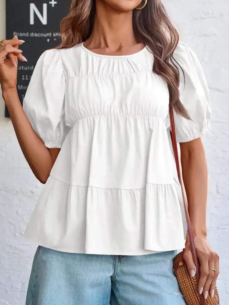 Tiered Round Neck Puff Sleeve Ruched Blouse