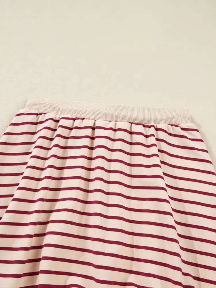 tripe Cropped Collared Drop Shoulder Pullover and Bubble Mini Skirt Set