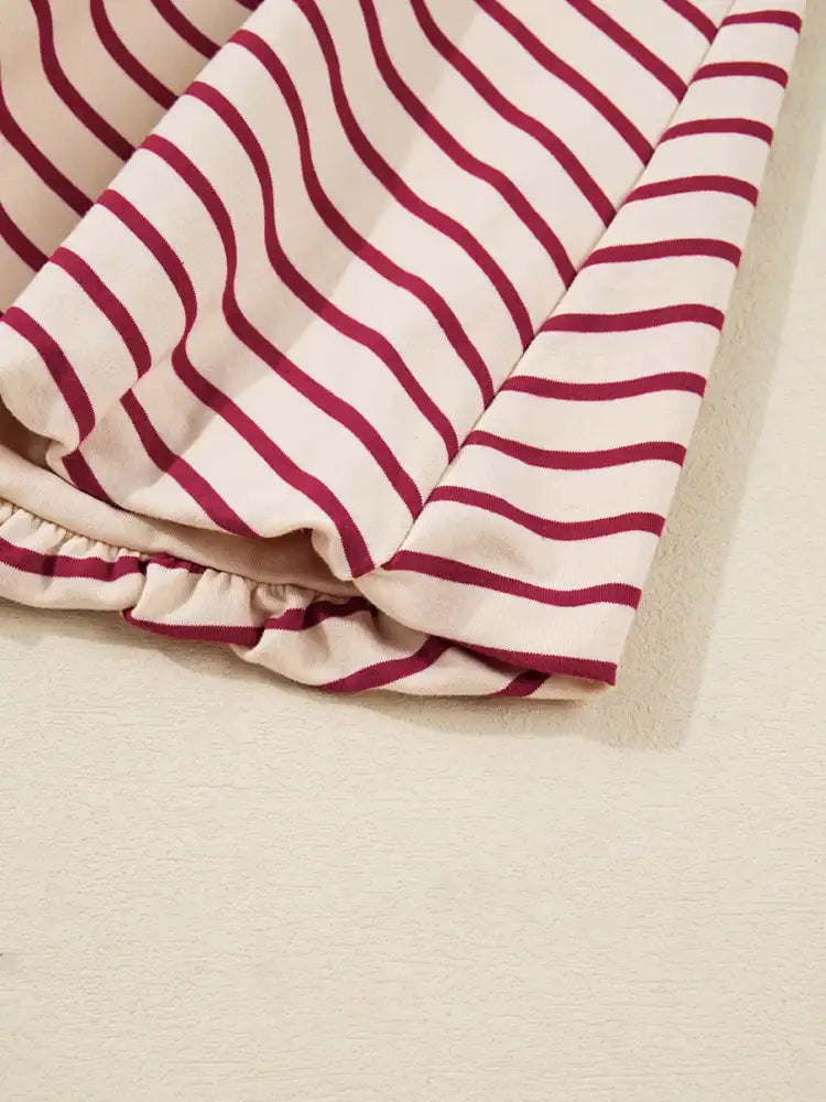 tripe Cropped Collared Drop Shoulder Pullover and Bubble Mini Skirt Set