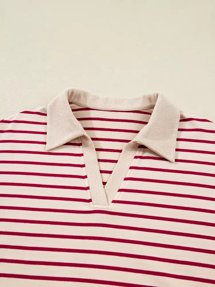 tripe Cropped Collared Drop Shoulder Pullover and Bubble Mini Skirt Set