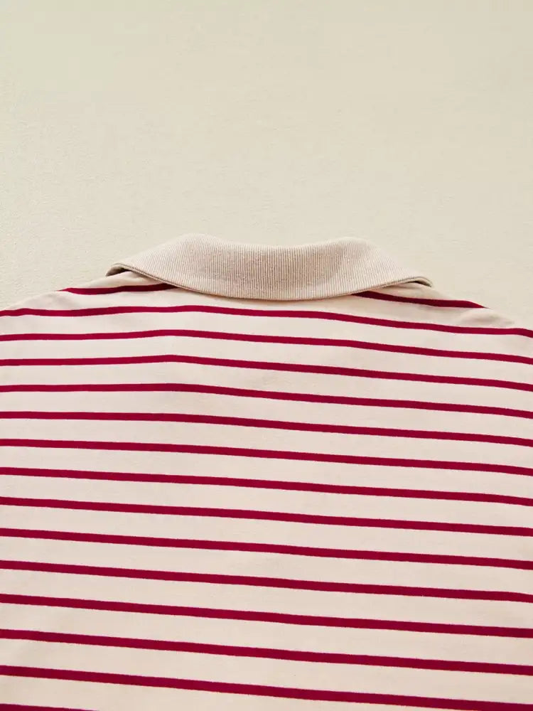 tripe Cropped Collared Drop Shoulder Pullover and Bubble Mini Skirt Set