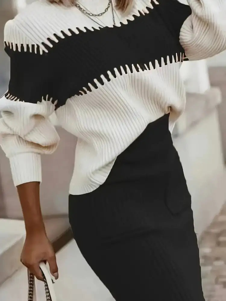 Two-Tone Ribbed Knit Top and Skirt Sweater Set