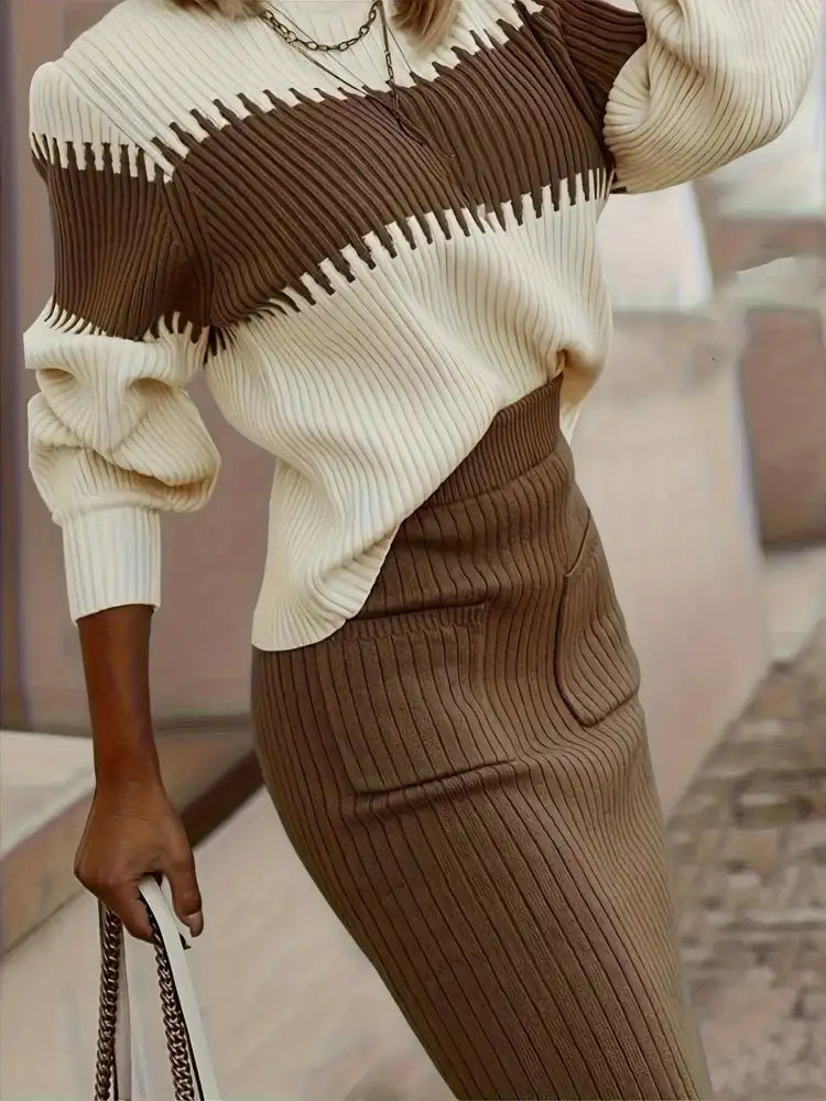 Two-Tone Ribbed Knit Top and Skirt Sweater Set