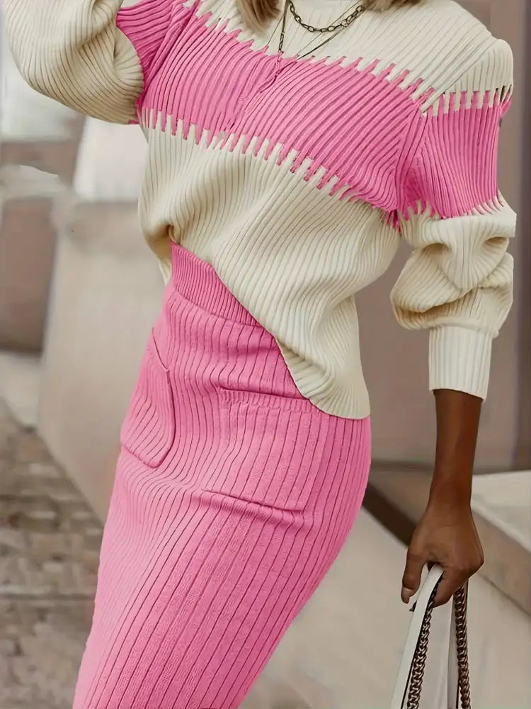 Two-Tone Ribbed Knit Top and Skirt Sweater Set