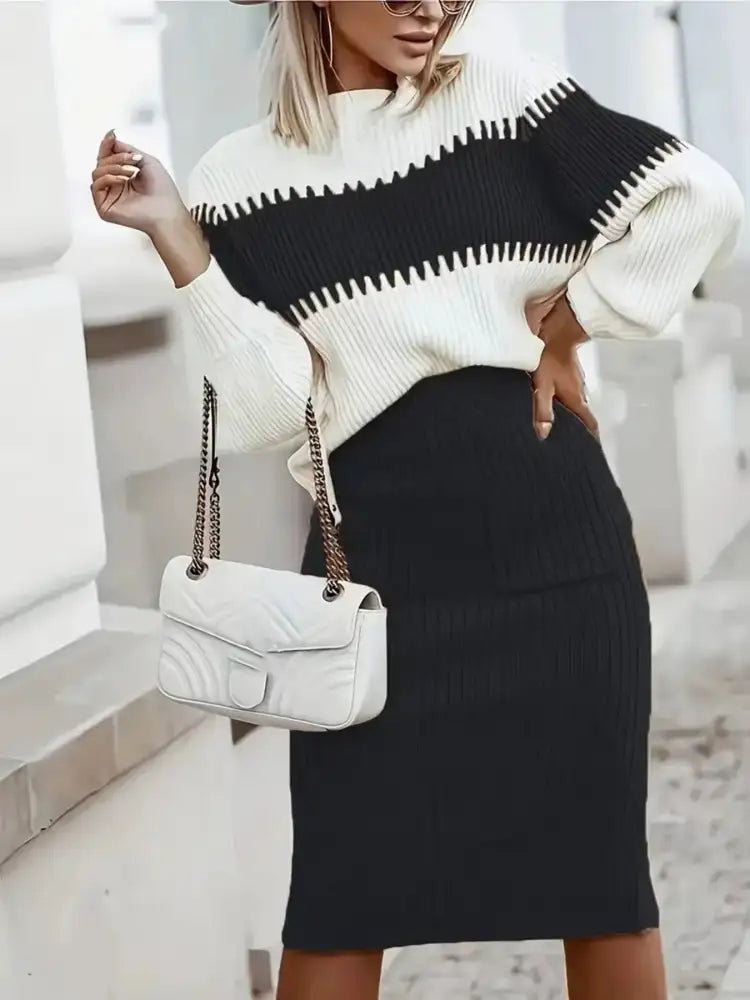 Two-Tone Ribbed Knit Top and Skirt Sweater Set