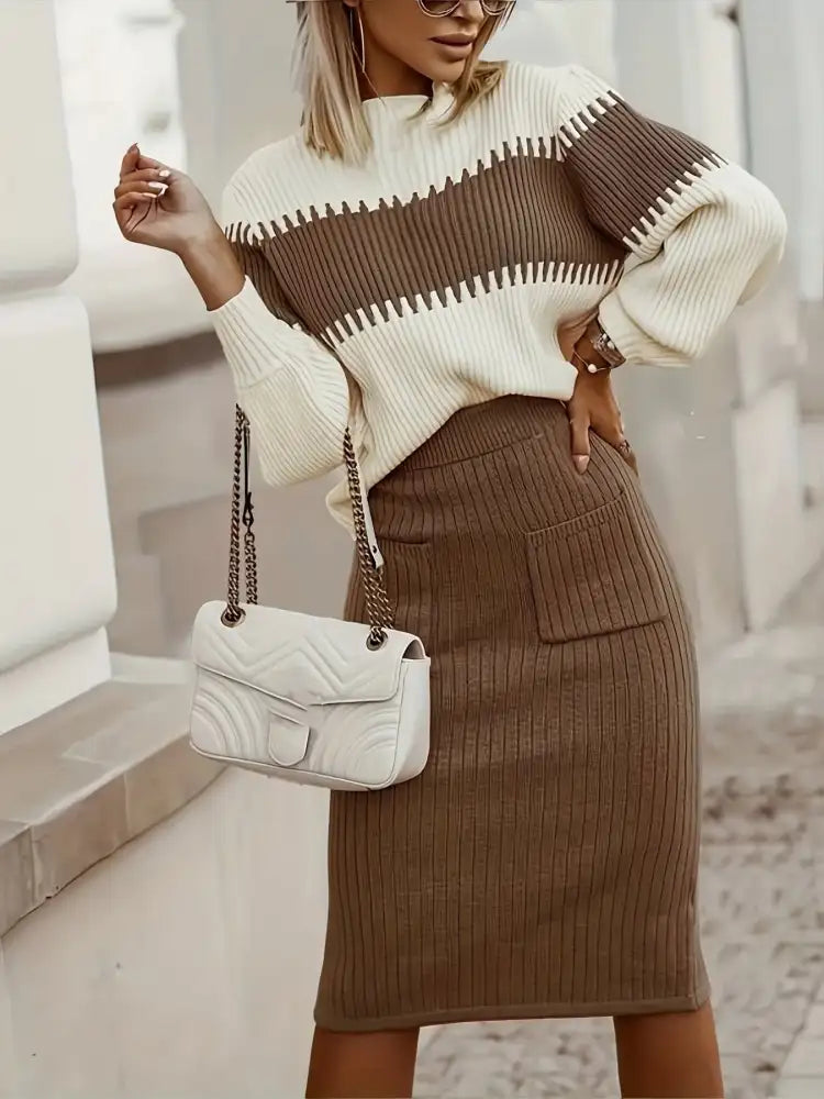 Two-Tone Ribbed Knit Top and Skirt Sweater Set