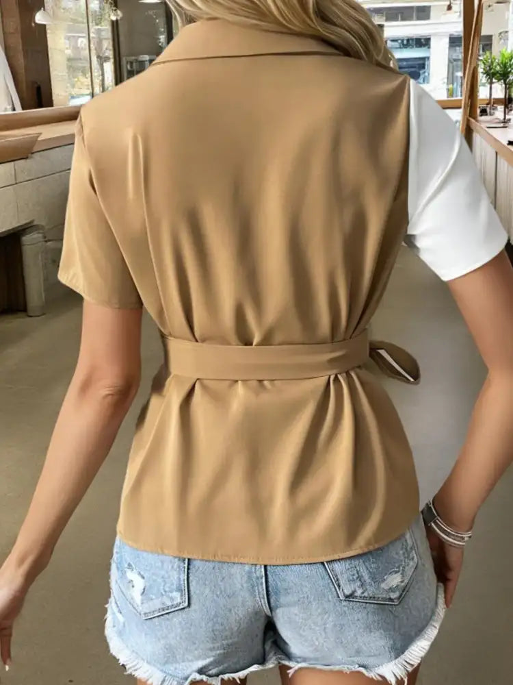 Two-Tone Short Sleeve Blouse with Tie Waist