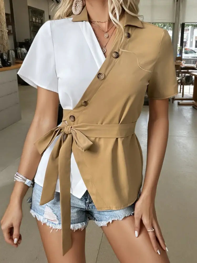 Two-Tone Short Sleeve Blouse with Tie Waist