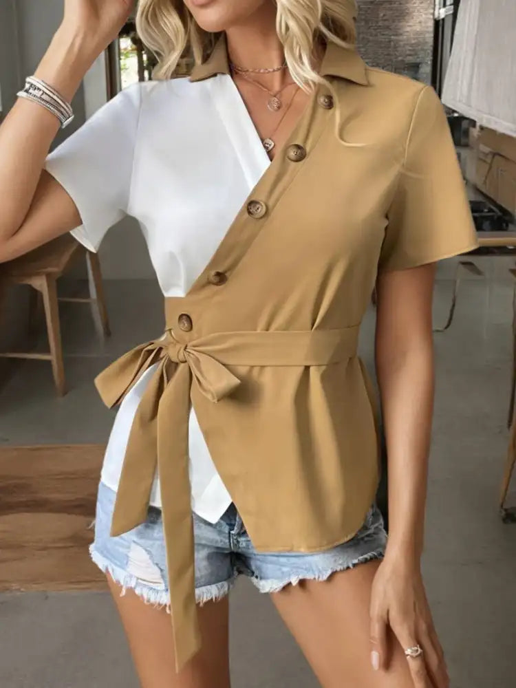 Two-Tone Short Sleeve Blouse with Tie Waist