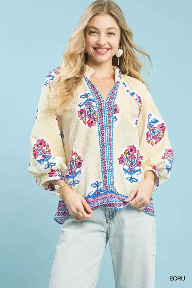 Umgee Boho Floral Print Tunic Blouse