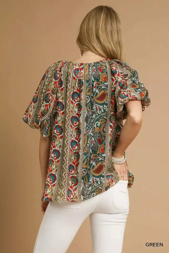 Umgee Boho Floral Stripe Puff Sleeve Blouse