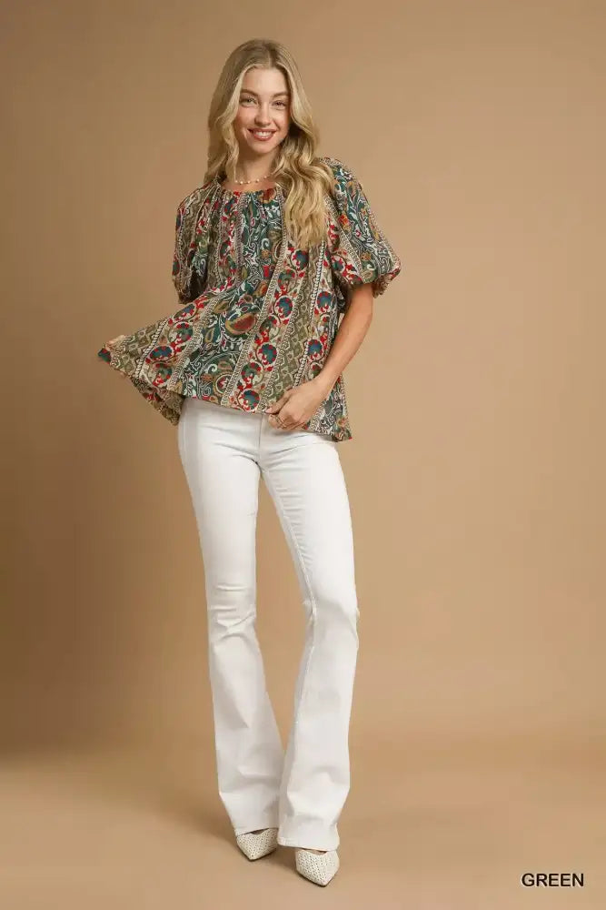 Umgee Boho Floral Stripe Puff Sleeve Blouse