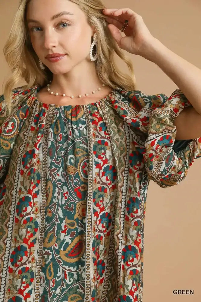 Umgee Boho Floral Stripe Puff Sleeve Blouse