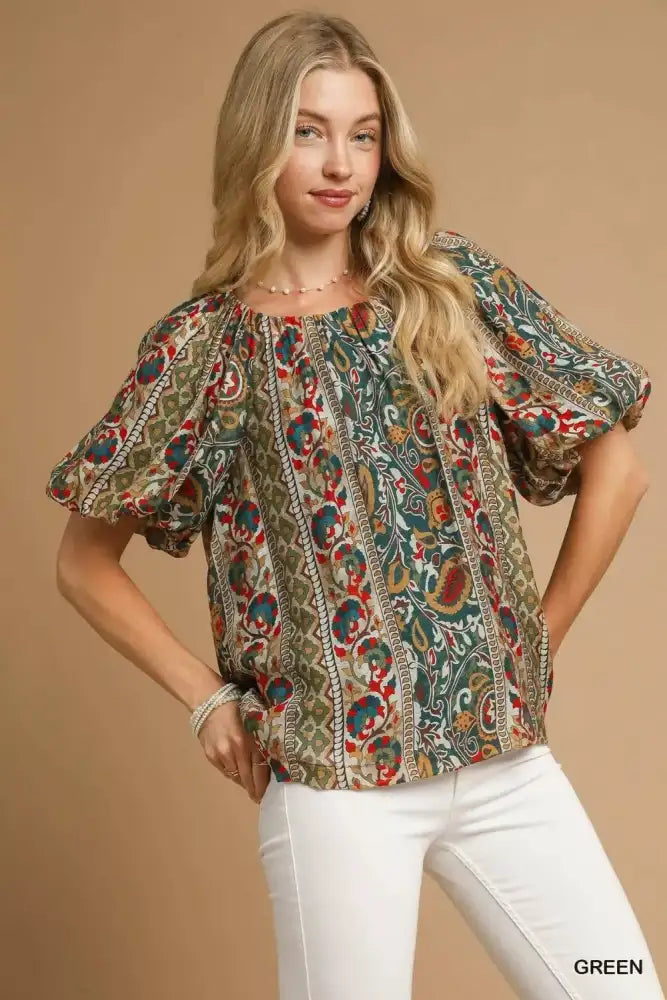 Umgee Boho Floral Stripe Puff Sleeve Blouse