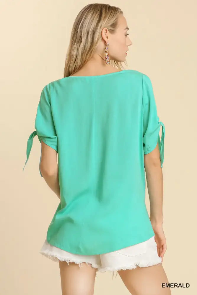 Umgee Cold Shoulder Short Sleeve Round Neck Top with Side Slits and Tie-able Knot Details