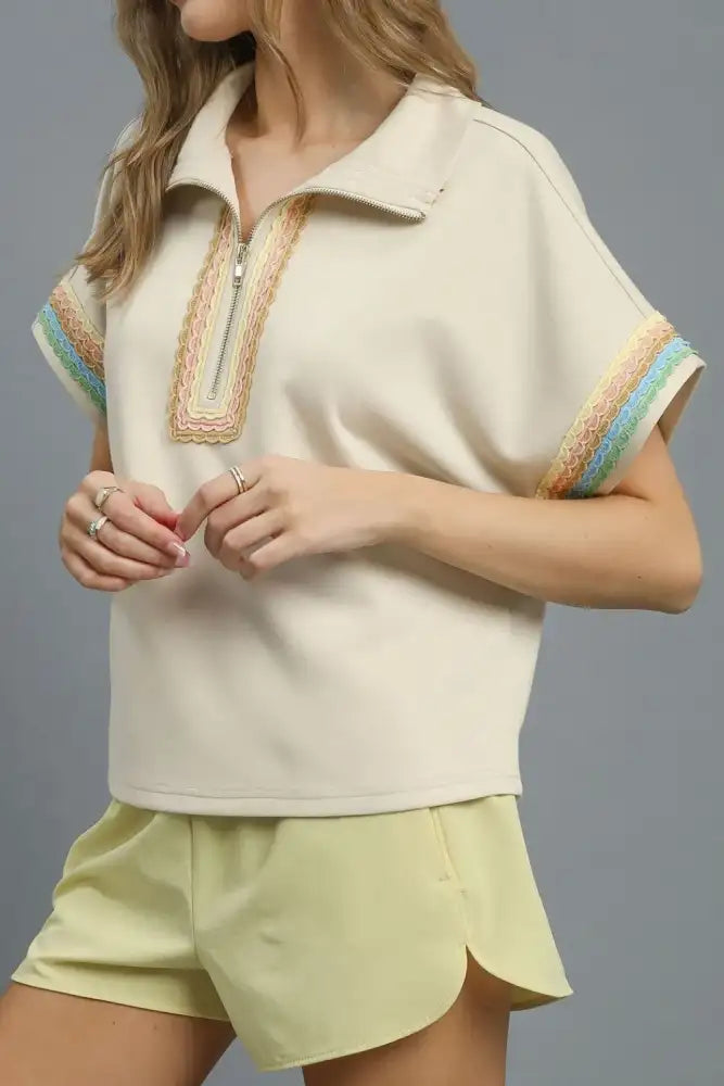 Umgee Contrast Trim Half Zip Collared Blouse