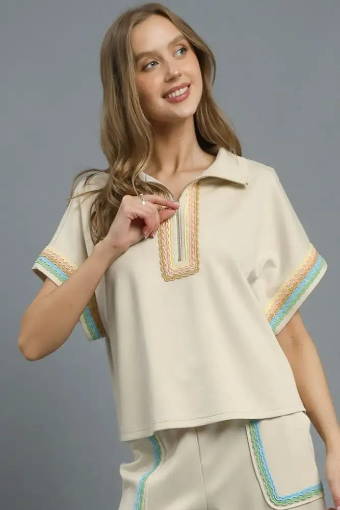Umgee Contrast Trim Half Zip Collared Blouse