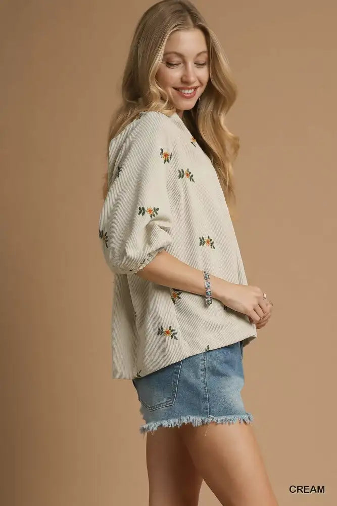 Umgee Corduroy Floral Embroidered Puff Sleeve Blouse