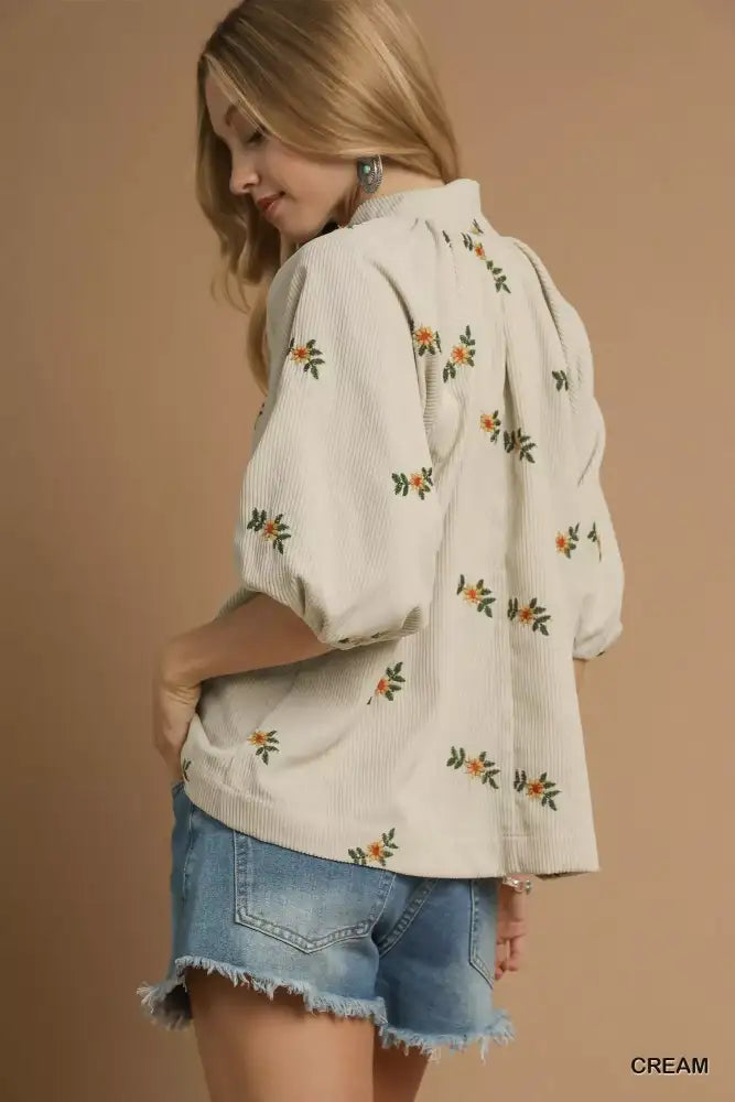 Umgee Corduroy Floral Embroidered Puff Sleeve Blouse