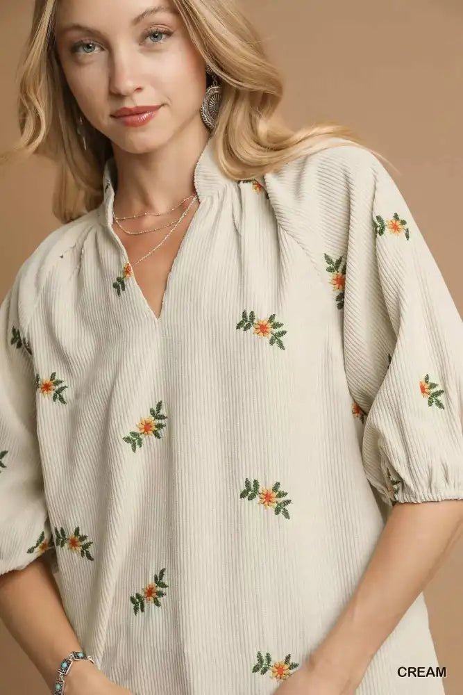 Umgee Corduroy Floral Embroidered Puff Sleeve Blouse