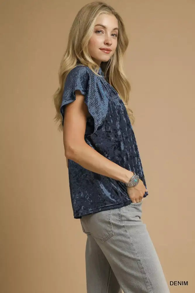 Umgee Crushed Velvet Pleated Blouse