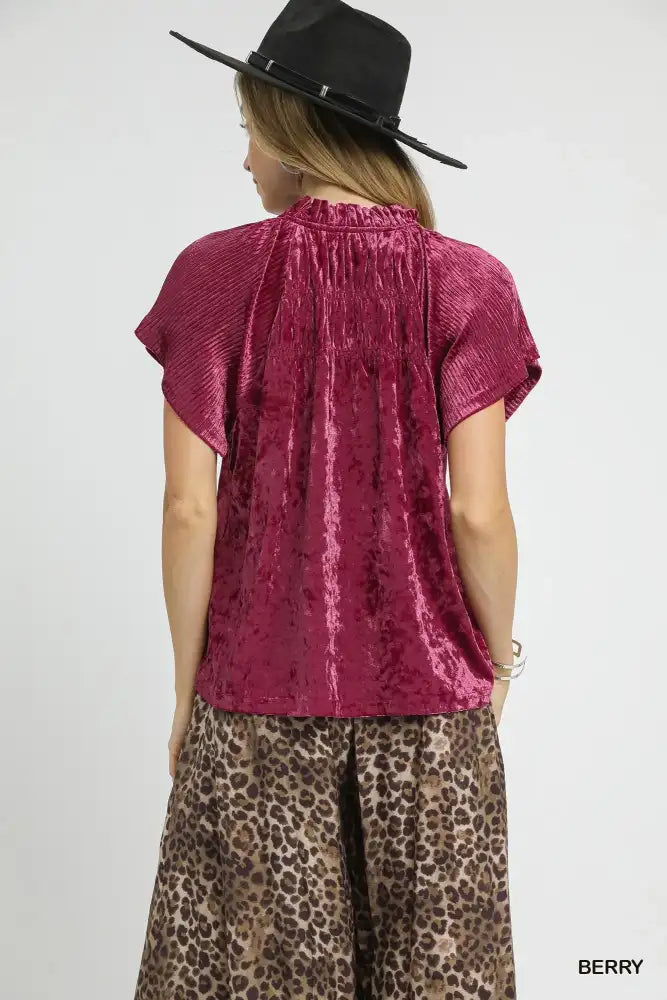 Umgee Crushed Velvet Pleated Blouse