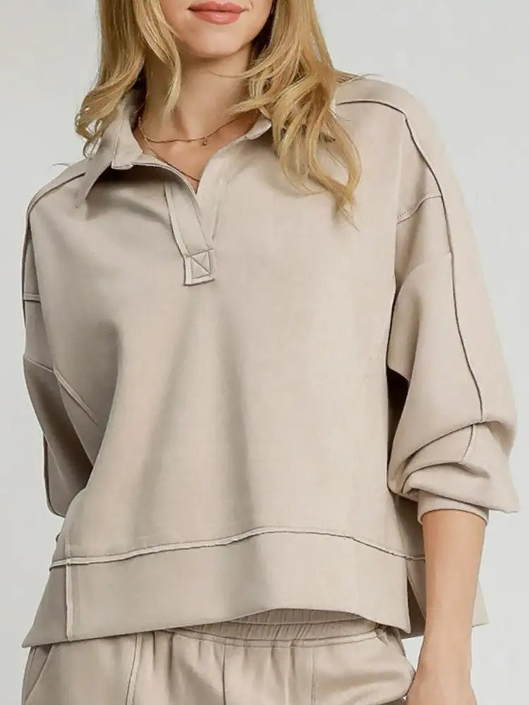 Umgee Exposed Seam Long Sleeve Polo Top with Side Slit