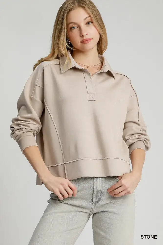 Umgee Exposed Seam Long Sleeve Polo Top with Side Slit