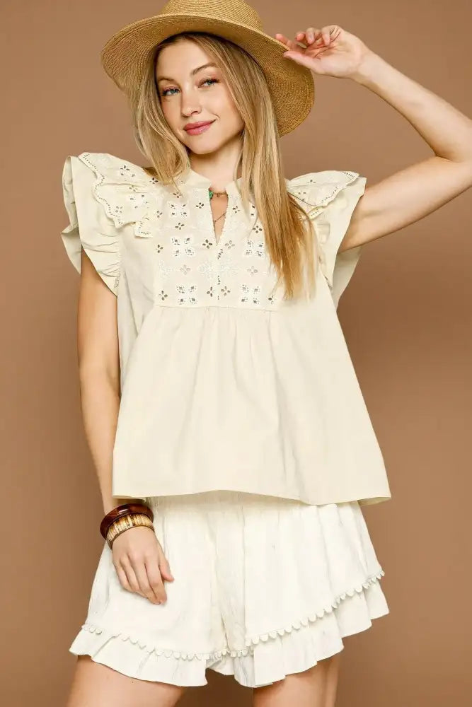 Umgee Eyelet Embroidered Ruffle Sleeve Blouse
