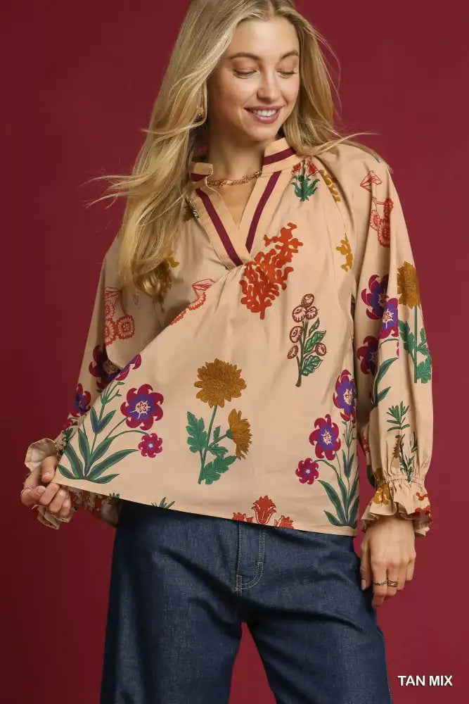 Umgee Floral Print Flounce Sleeve Blouse