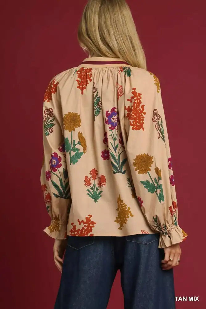 Umgee Floral Print Flounce Sleeve Blouse