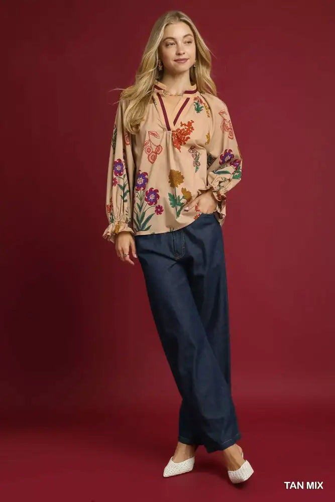 Umgee Floral Print Flounce Sleeve Blouse