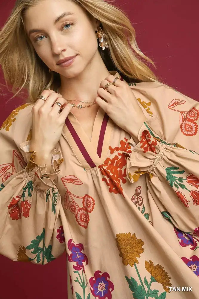 Umgee Floral Print Flounce Sleeve Blouse