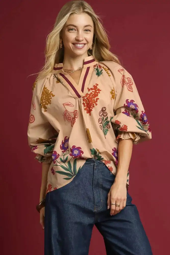 Umgee Floral Print Flounce Sleeve Blouse