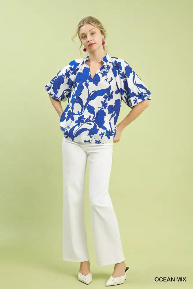 Umgee Floral Print Puff Sleeve Blouse with Scallop Hem