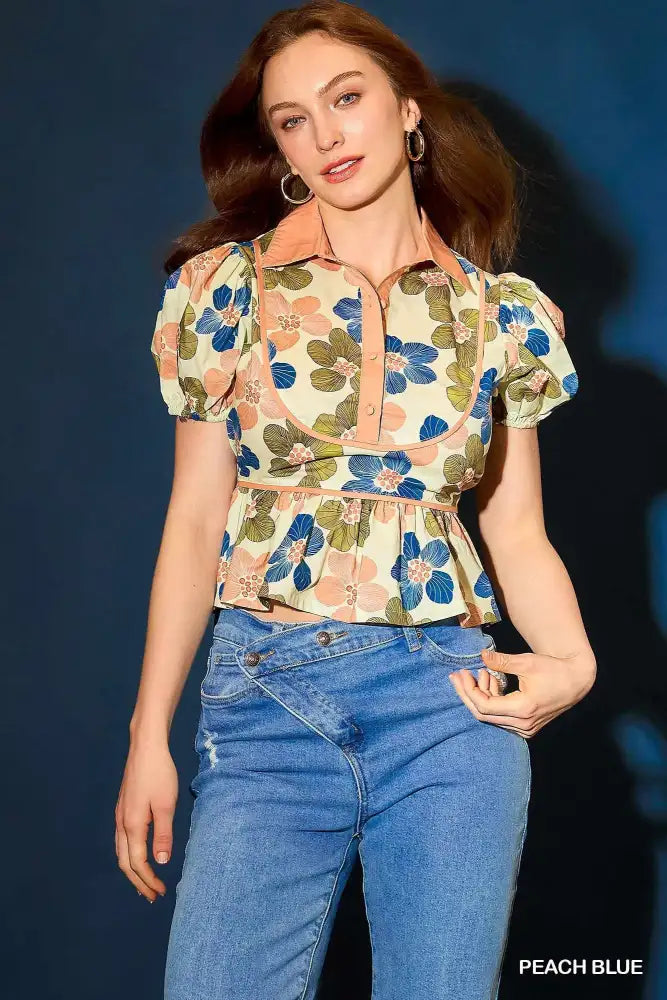 Umgee Floral Print Puff Sleeve Cropped Blouse