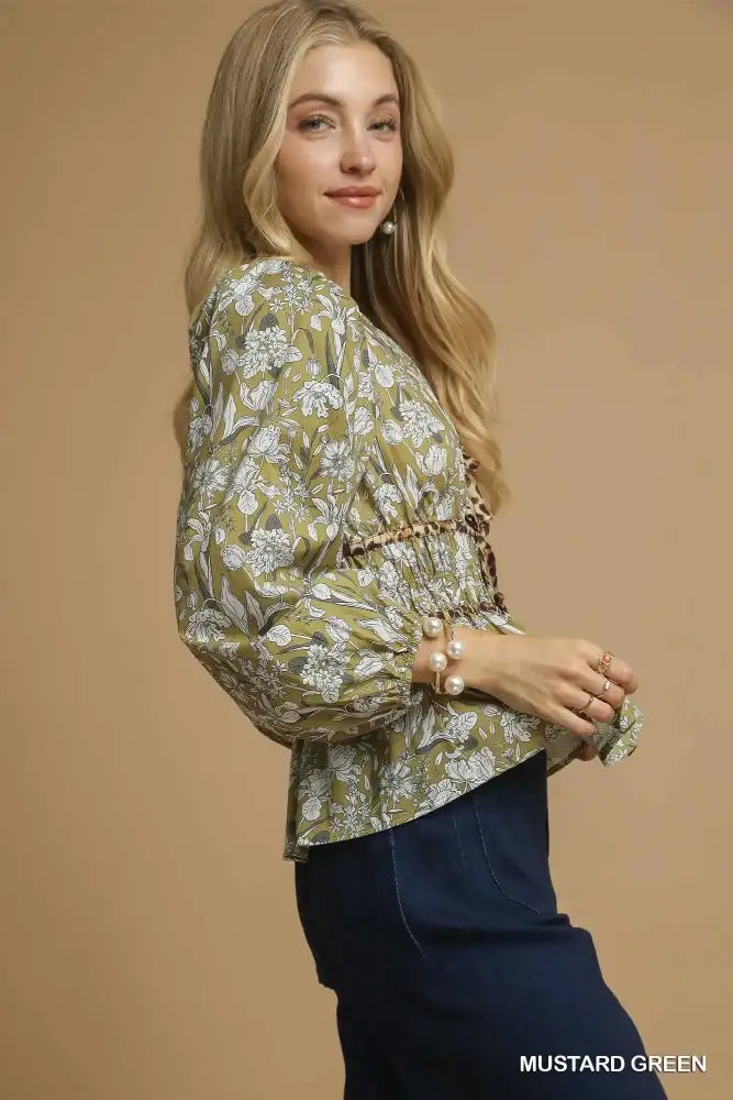 Umgee Floral Smocked Peplum Blouse with Tie Detail