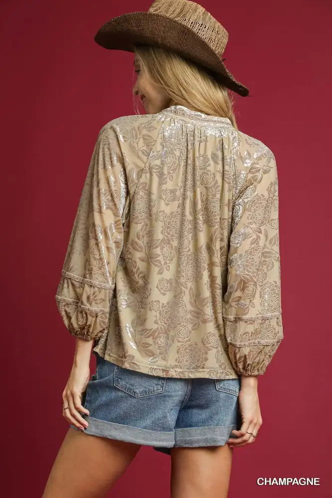 Umgee Floral Velvet Blouse with Balloon Sleeves